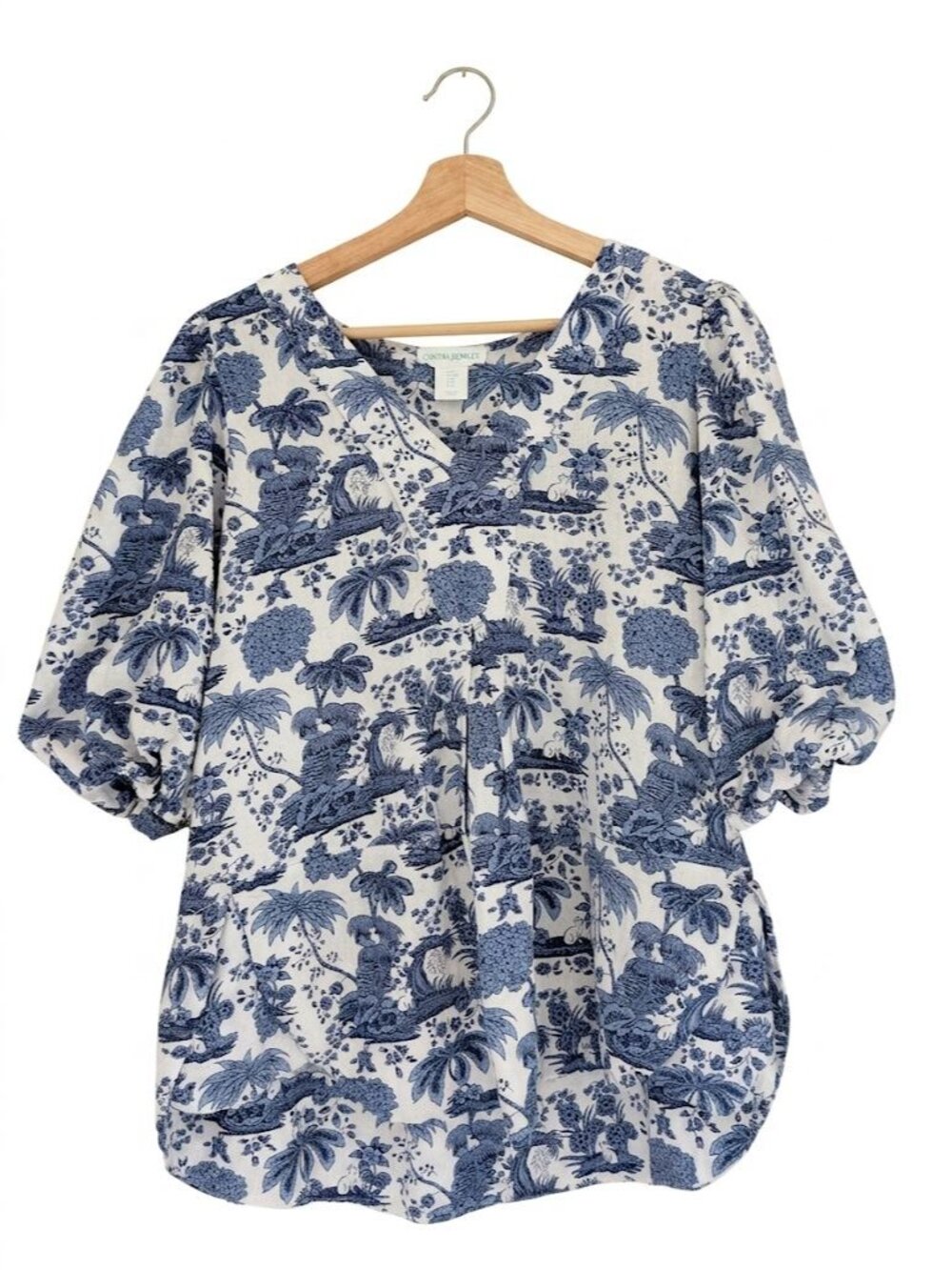 Cynthia Rowley Blue White Tropical Toile Blouse Size M Puff Sleeve Linen Blend